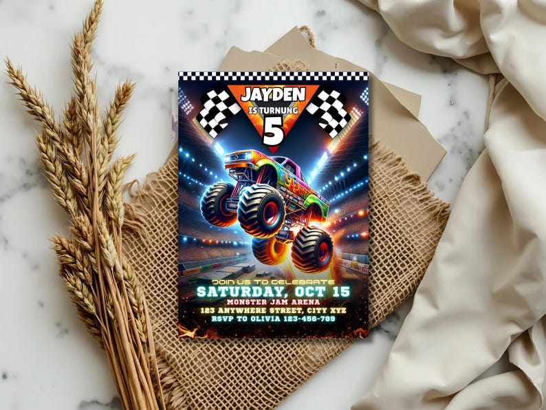 May include: A colorful monster truck birthday invitation with the text "JAYDEN IS TURNING 5". The invitation includes the date, time, and location of the party. The background features a monster truck arena.
