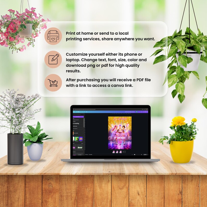Puede incluir: Un port&aacute;til que muestra un dise&ntilde;o colorido de fiesta de cumplea&ntilde;os, con instrucciones sobre c&oacute;mo personalizar e imprimir el dise&ntilde;o. La imagen incluye plantas colgantes y flores en macetas sobre una mesa de madera.