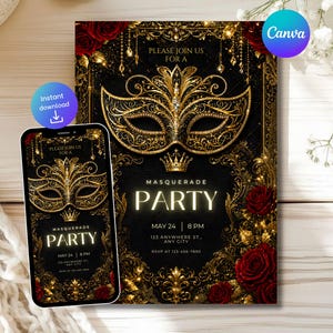 Könnte beinhalten: Einladung zur Maskenparty mit einem goldenen Masken-Design auf schwarzem Hintergrund. Die Einladung enthält den Text "Bitte kommen Sie zu einer Maskenparty" und Veranstaltungsdetails. Ein Smartphone zeigt das gleiche Design. Das Canva-Logo ist sichtbar.