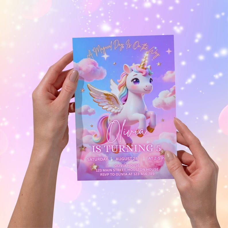 K&ouml;nnte beinhalten: Eine Geburtstagseinladung mit einem Einhorn mit Regenbogenm&auml;hne und Fl&uuml;geln, vor einem pastellfarbenen Himmel mit Wolken und Sternen. Die Einladung lautet "Olivia wird 5".
