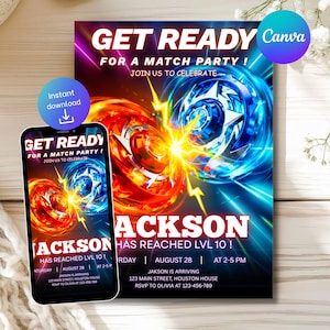 May include: A party invitation with the text "GET READY FOR A MATCH PARTY!" features a vibrant design with red and blue spinning tops. A smartphone displays the same invitation. The Canva logo is visible.