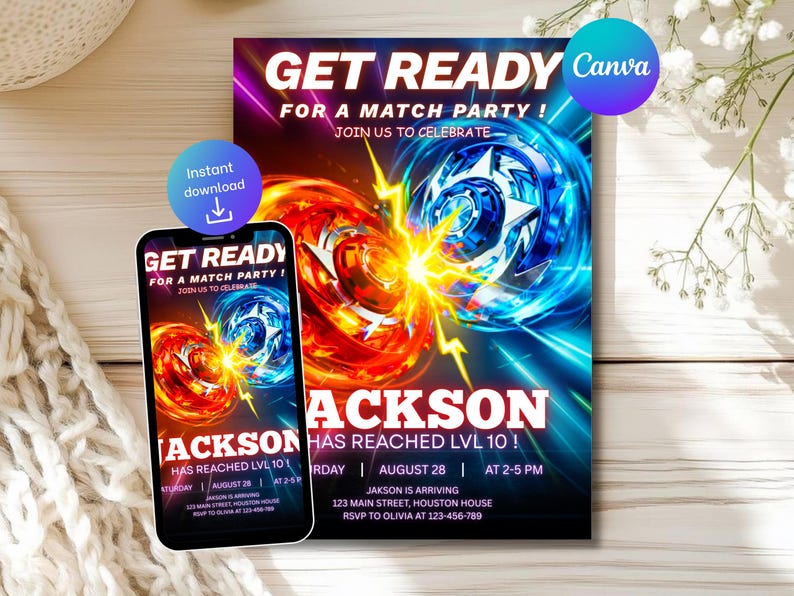 Puede incluir: Una invitaci&oacute;n a una fiesta con el texto "GET READY FOR A MATCH PARTY!" presenta un dise&ntilde;o vibrante con peonzas rojas y azules. Un smartphone muestra la misma invitaci&oacute;n. El logotipo de Canva es visible.