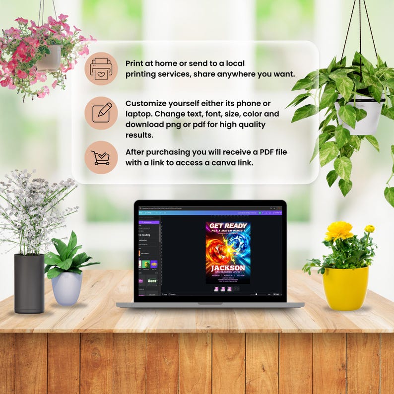 Puede incluir: Un port&aacute;til que muestra un dise&ntilde;o de invitaci&oacute;n a una fiesta con el texto "GET READY" y "JACKSON". La imagen est&aacute; sobre una mesa de madera con plantas y cestas colgantes en el fondo. El texto describe las opciones de personalizaci&oacute;n.