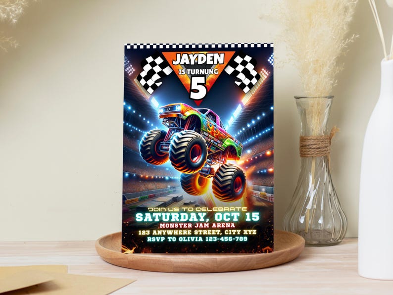 May include: A colorful monster truck birthday party invitation. The invitation features a vibrant monster truck design with the text "JAYDEN IS TURNING 5". The invitation includes event details: Saturday, Oct 15, Monster Jam Arena, and RSVP information.