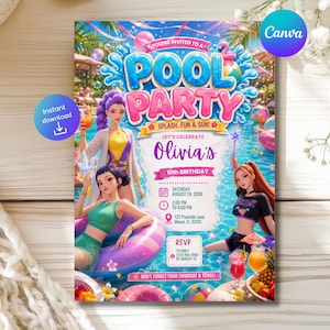 Könnte beinhalten: Eine rechteckige Einladungskarte für eine Poolparty mit drei animierten Figuren in Badekleidung, einem rosa Schwimmring und tropischen Getränken. Der Text lautet Pool Party, Splash, Fun & Sun, Olivia's 10th Birthday, Saturday August 24, 2026, 2:00 PM to 6:00 PM, 123 Poolside Lane, Miami, FL 33101, RSVP to Emily und Don't Forget Your Swimsuit & Towel.
