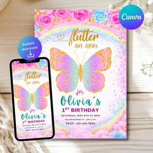Könnte beinhalten: Eine Geburtstagseinladung mit einem Schmetterlingsdesign. Die Einladung zeigt einen großen Schmetterling mit rosa, lila und goldenen Akzenten und dem Text "flutter on over". Die Einladung ist für Olivias 1. Geburtstag.