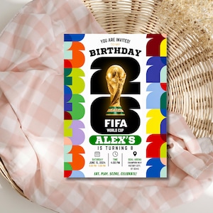 May include: A rectangular birthday invitation card featuring a gold FIFA World Cup trophy, the text YOU ARE INVITED TO MY BIRTHDAY, the number 26, ALEX'S IS TURNING 8, and event details including June 15, 2024, 4:00 PM, and Goal Arena, Victory City.