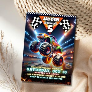 May include: A colorful monster truck birthday party invitation. The invitation features a monster truck jumping in a stadium with the text "Jayden is turning 5". The invitation also includes the date, time, and location of the party.