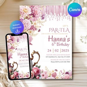 Editable Tea Party Birthday Invitation, Par-tea Invitation, Invite For Girls, Girl Par-tea Invite, Printable Tea Party Invite, Tea Party