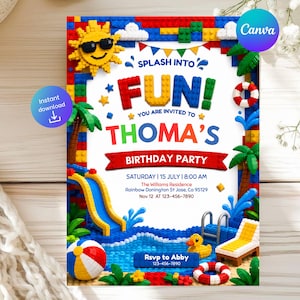 Könnte beinhalten: Eine rechteckige Geburtstagseinladung mit einem bunten Baustein-Thema. Das Design zeigt eine Sonne mit Sonnenbrille, eine blaue Wasserrutsche, einen Pool, eine gelbe Ente und eine Liege. Text: SPLASH INTO FUN! YOU ARE INVITED TO THOMA'S BIRTHDAY PARTY, SATURDAY 15 JULY 8:00 AM, The Williams Residence, Rainbow Donington St Jose, CA 95129, Nov 12 123-456-7890, Rsvp to Abby 123-456-7890.