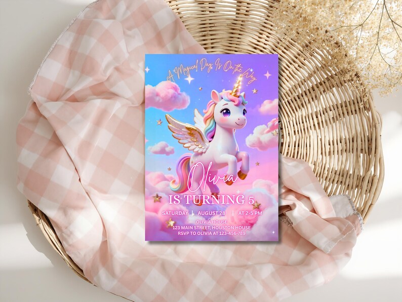 K&ouml;nnte beinhalten: Eine farbenfrohe Einladungskarte mit einem Einhorn vor einem vertr&auml;umten Himmel mit Wolken. Der Text lautet "Olivia wird 5" mit Veranstaltungsdetails. Die Karte liegt auf einem rosa-wei&szlig; karierten Stoff, auf einem Weidenkorb.