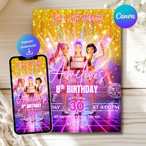 Puede incluir: Un dise&ntilde;o de invitaci&oacute;n de cumplea&ntilde;os con tres figuras animadas sosteniendo un pastel, con el texto "Amelia's 8th Birthday" y detalles del evento. El dise&ntilde;o se muestra en un tel&eacute;fono inteligente y una tarjeta impresa m&aacute;s grande.