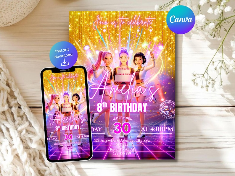 Puede incluir: Un dise&ntilde;o de invitaci&oacute;n de cumplea&ntilde;os con tres figuras animadas sosteniendo un pastel, con el texto "Amelia's 8th Birthday" y detalles del evento. El dise&ntilde;o se muestra en un tel&eacute;fono inteligente y una tarjeta impresa m&aacute;s grande.