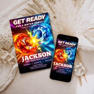 Puede incluir: Una invitaci&oacute;n a una fiesta con el texto "GET READY FOR A MATCH PARTY!" y el nombre "JACKSON" en letras grandes. La invitaci&oacute;n presenta un gr&aacute;fico rojo y azul y se muestra en un tel&eacute;fono y una tarjeta impresa.