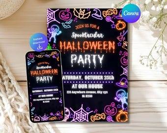 May include: A black Halloween party invitation with neon orange and purple accents. The invitation includes the text "Join us for a Spooktacular Halloween Party" and event details. A smartphone displays the same invitation. The Canva logo is visible.