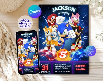 Invitación de cumpleaños de Blue Hedgehog, invitación para fiesta de Super Hedgehog para niños, invitación para fiesta de Super Sonic para niños, Sonic 3, plantilla de Canva, Blue speedster