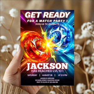 Puede incluir: Una invitaci&oacute;n a una fiesta con un dise&ntilde;o vibrante. La invitaci&oacute;n presenta dos peonzas, una roja y otra azul, con un rayo en el centro. El texto incluye "GET READY FOR A MATCH PARTY!" y "JACKSON HAS REACHED LVL 10!" con detalles del evento.