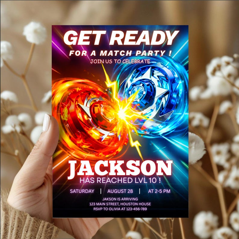 Puede incluir: Una invitaci&oacute;n a una fiesta con un dise&ntilde;o vibrante. La invitaci&oacute;n presenta dos peonzas, una roja y otra azul, con un rayo en el centro. El texto incluye "GET READY FOR A MATCH PARTY!" y "JACKSON HAS REACHED LVL 10!" con detalles del evento.