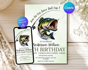 Editable Fishing Birthday Invitation Template, Reel in the Fun Party, Boy Birthday, Instant Download, Canva Template