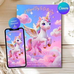 K&ouml;nnte beinhalten: Eine Geburtstagseinladung mit einem Einhorn mit goldenem Horn, Fl&uuml;geln und einer Regenbogenm&auml;hne und -schwanz. Die Einladung ist rosa, lila und blau mit dem Text "A Magical Day Is On the Way" und "Olivia wird 5". Ein Smartphone zeigt das gleiche Design.