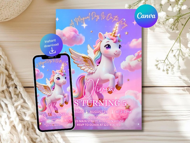 K&ouml;nnte beinhalten: Eine Geburtstagseinladung mit einem Einhorn mit goldenem Horn, Fl&uuml;geln und einer Regenbogenm&auml;hne und -schwanz. Die Einladung ist rosa, lila und blau mit dem Text "A Magical Day Is On the Way" und "Olivia wird 5". Ein Smartphone zeigt das gleiche Design.
