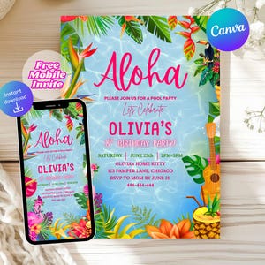 Könnte beinhalten: Eine farbenfrohe Einladung zu Olivias 8. Geburtstagsparty am Pool mit dem Wort "Aloha" in rosa Schrift. Das Design umfasst tropische Blumen, eine Ukulele und einen Tukan. Ein Smartphone zeigt eine passende mobile Einladung.
