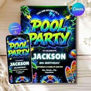 Könnte beinhalten: Eine digitale Einladungsvorlage für eine Poolparty mit einer Neon-Grafik und dem Text POOL PARTY, JACKSON, 8th BIRTHDAY, SATURDAY, 8 JUNE AT 2:00 PM, 123 STREET, CITY ANYWHERE, dargestellt auf einem Smartphone-Bildschirm und einer rechteckigen Karte.