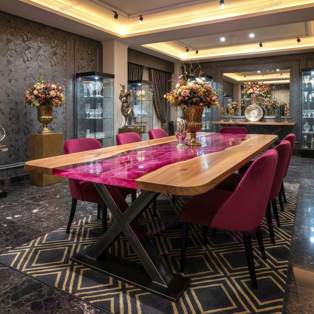 Pink Epoxy Resin & Natural Wood Dining Table – Sleek Modern Design for ...