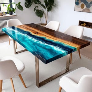 Ocean Wave Epoxy Dining Table: Live Edge Wood & Resin Art