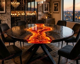 Mesa de centro redonda de resina epoxi Fire Lava con detalles de madera carbonizada – Mesa única hecha a mano para la decoración del hogar