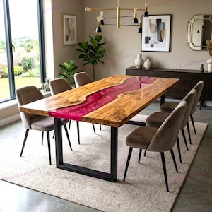 Deep Pink Epoxy Resin & Natural Wood Dining Table – Sleek Modern Design for Stylish Spaces