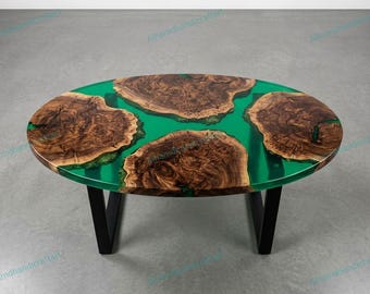 Mesa de centro ovalada de resina verde, mesa de río de epoxi personalizada, mesa de comedor central de madera con borde natural.