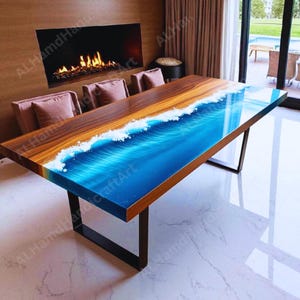 Blue Ocean Epoxy Coffee Table: Live Edge Wood Resin Art Handmade Table Home Decore