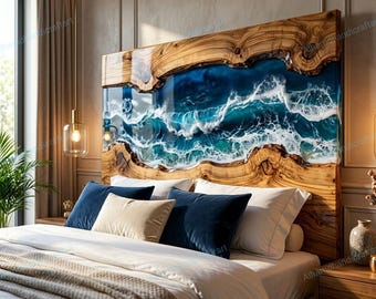 Cabecero de madera natural con diseño de olas marinas y resina epoxi, decoración de pared, pieza decorativa de lujo para el dormitorio.