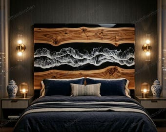 Black Epoxy Ocean Wave Headboard | Live Edge Wood Bedheadboard | Luxury Modern  Decor