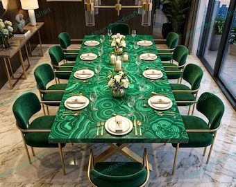 Mesa de comedor rectangular de malaquita, patas color dorado, muebles de piedras preciosas naturales hechos a mano.