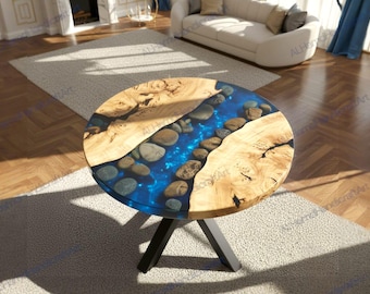 Unique River Epoxy Resin Tabletop – Live Edge Wood & River Stone Coffee Table, Home Decor