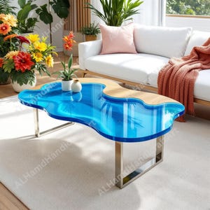 Blue Epoxy Resin Coffee Table: Modern River Design, Handmade Wood