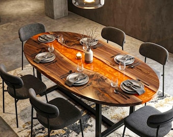 Lyxigt Live Edge Wood & Orange Epoxiharts, Ovalt Design Matbord, Heminredning