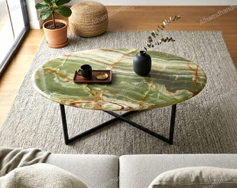 Green Onyx Stone Oval Coffee Table Top Handmade Custom Table, Home Decor