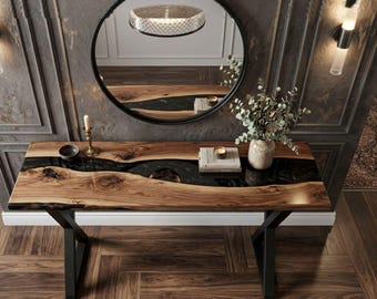 Live Edge Wood & Resin Console Table – Black River Epoxy Design, Entryway Unique Handmade Piece