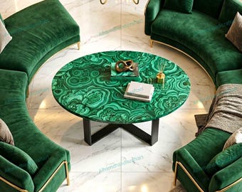 Malachite Stone Oval Coffee Table, Green Luxury Center Table, Handmade Modern Living Room Decor
