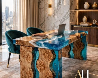 Escritorio de lujo de madera de raíz con borde natural y resina epoxi / Mesa de oficina de resina Blue Ocean River / Regalo