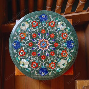 Handcrafted Green Marble Inlay Table Top: Art Furniture, 15&quot;