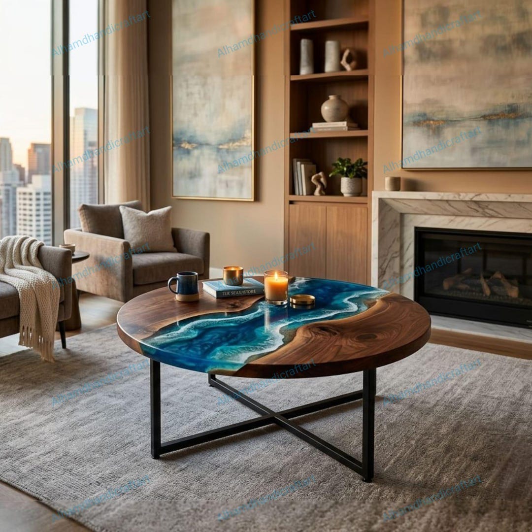 Coastal Epoxy Resin Coffee Table – Round Ocean Wave Wood Table, Beach ...