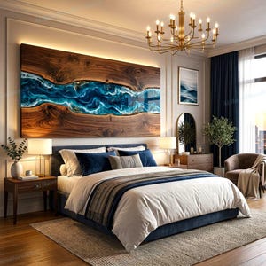 Live Edge Wood Headboard | Ocean Epoxy Resin Bed Backboard, Custom Furniture