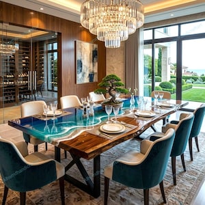 Ocean Wave River Dining Table | Blue Epoxy Resin Coastal Furniture (Made to Order)