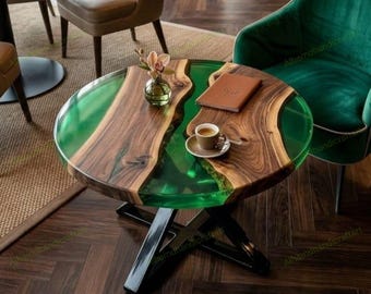 Green Epoxy & Natural Wood Coffee Table | Handmade Round Tabletop, Home Decor, Made To Order