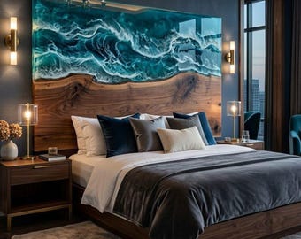 Cabecero de madera con resina epoxi oceánica, cabecero de cama de resina turquesa con forma de ola hecho a mano / Decoración de dormitorio