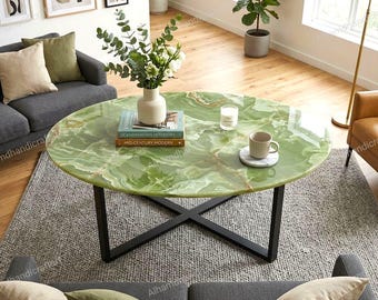 Green Onyx Marble Oval Coffee Table Top Handmade Custom Table, Home Decor